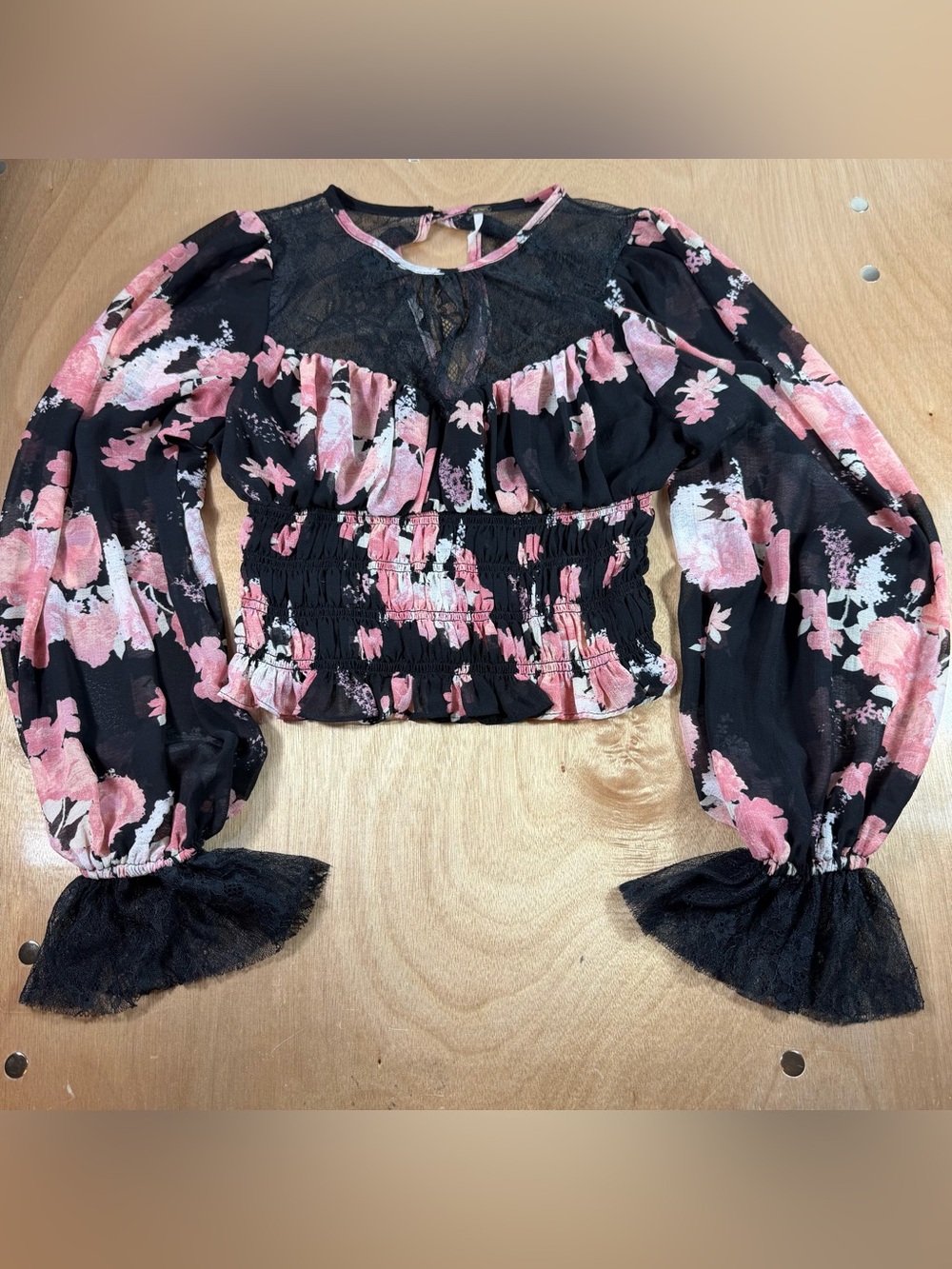 Free People Black Floral Smocked Lace-Trim Crop Top